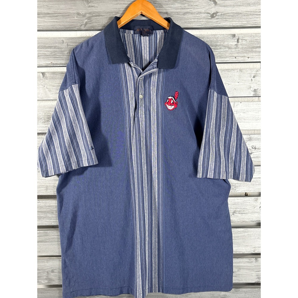 Vtg Antigua Cleveland Indians Mens XXL Striped Colorblock Polo Shirt Chief Wahoo